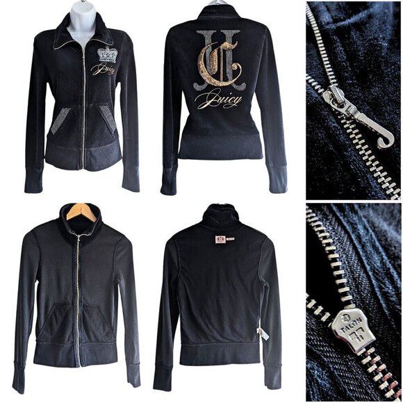 Vtg Y2K JUICY COUTURE 3pc Black Mixed Metal Velour Matching Tracksuit Set Sz S/L - Picture 5 of 11